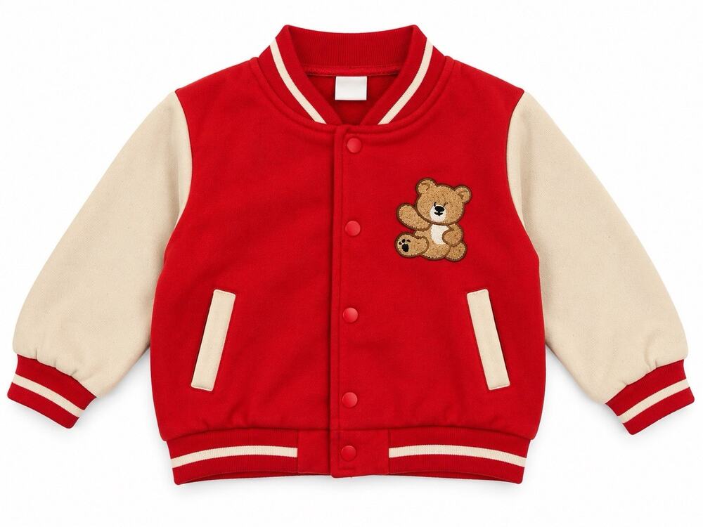 SHEIN Kids Red & Cream Teddy Bear Varsity Jacket 18-24M